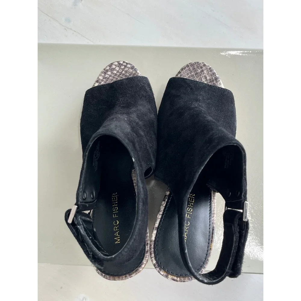 Marc Fisher‎ Black Suede Peep Toe Espadrille Wedge Sandals Size 6.5M